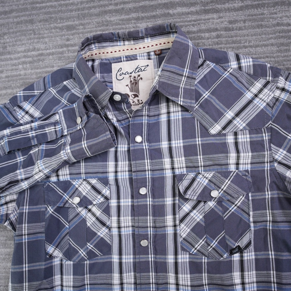 Coastal Shirt Men Western Pear Snap Plaid Long Sleeve Blue White 2 Pockets Small
